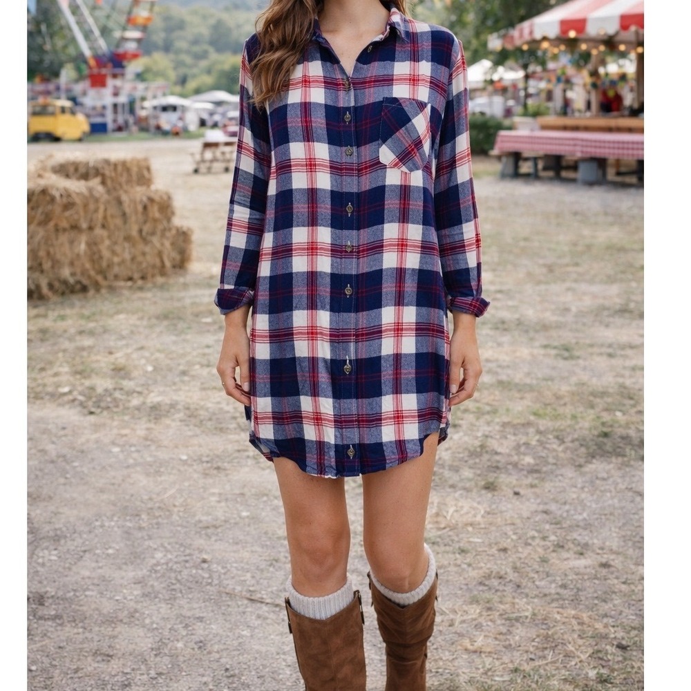 T2 Rails Blue Red White Plaid flannel button down‎ shirt Tunic dress Small